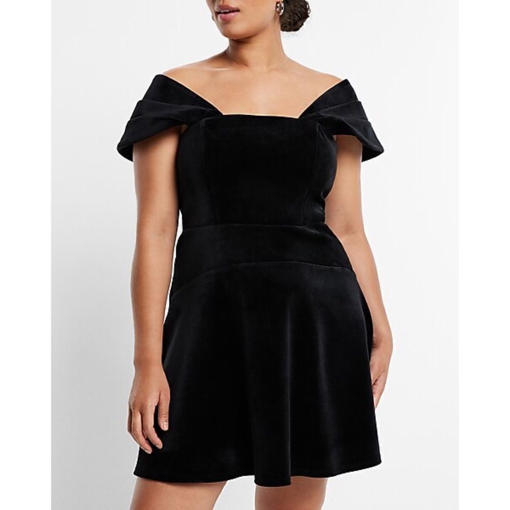 NWT Express Black Velvet Dress Off Shoulder Mini Fit & Flare Dress L
